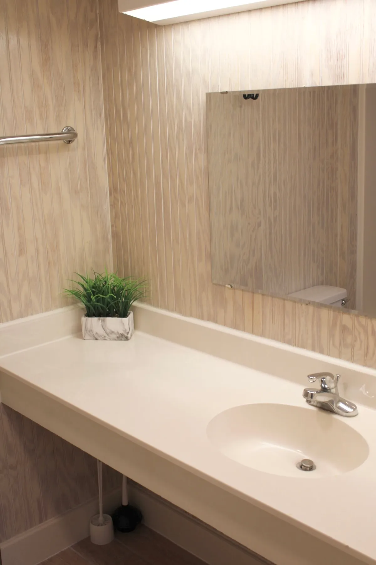 A calm and inviting bathroom featuring a clean sink, a large mirror that reflects natural light, a fresh green plant, and subtle textured walls. The scene feels serene and well-kept, with the overall design emphasizing cleanliness and relaxation—perfect for self-care routines or a refreshing shower after a busy day.